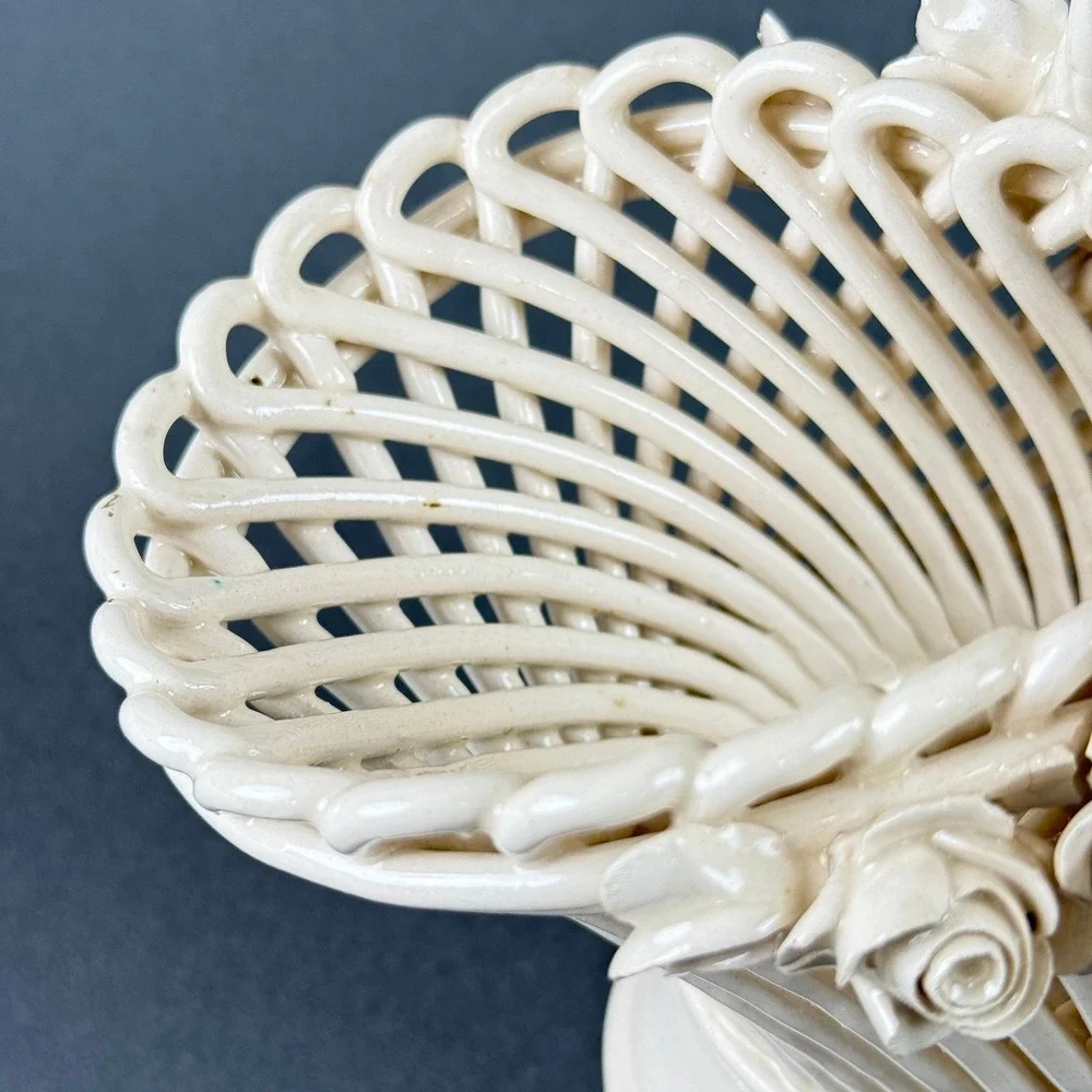 Ceramic Lattice‎ Basket Vintage Cream Floral Rose Twisted Handle 9.5in Excellent